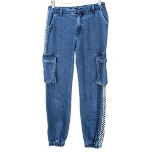 Forever21 Kids Denim Cargo Jogger Pants Checkered Trim Streetwear Cottn Sz 13/14